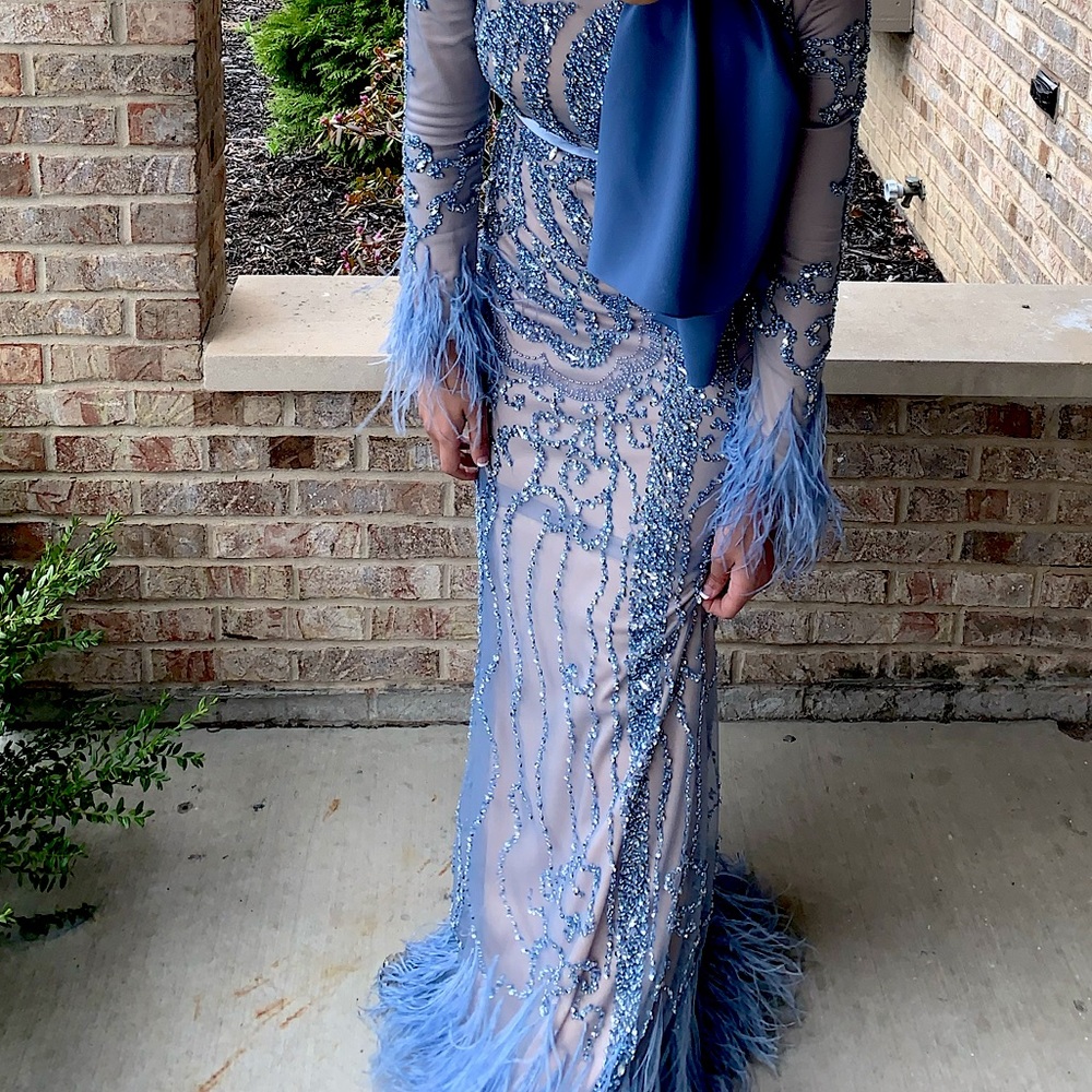 Blue feather sequenced dress